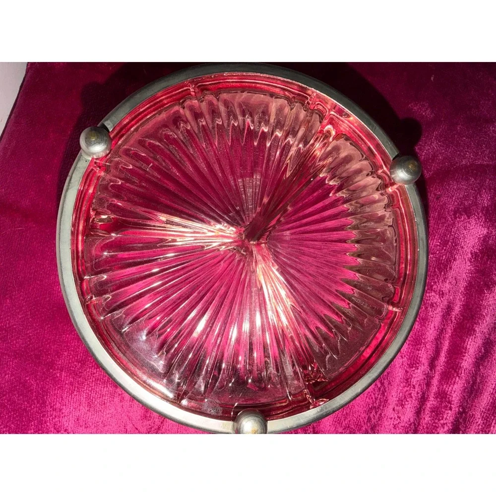 Vintage 1930s Pink Depression Glass 3 Part Divided Dish in Ornate Metal Basket